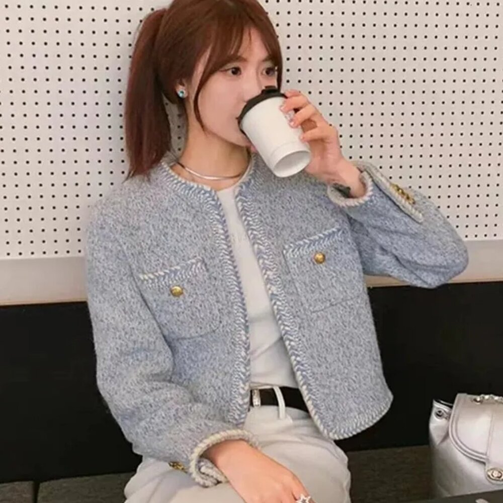 CELINE  baby blue white wool cotton boucle tweed trim jacket